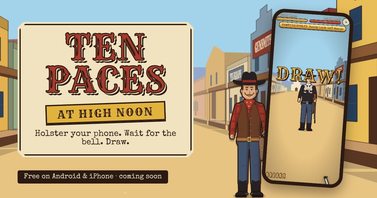 Ten Paces at High Noon: a cartoon gunslinger on a dusty western street beside a phone showing DRAW!